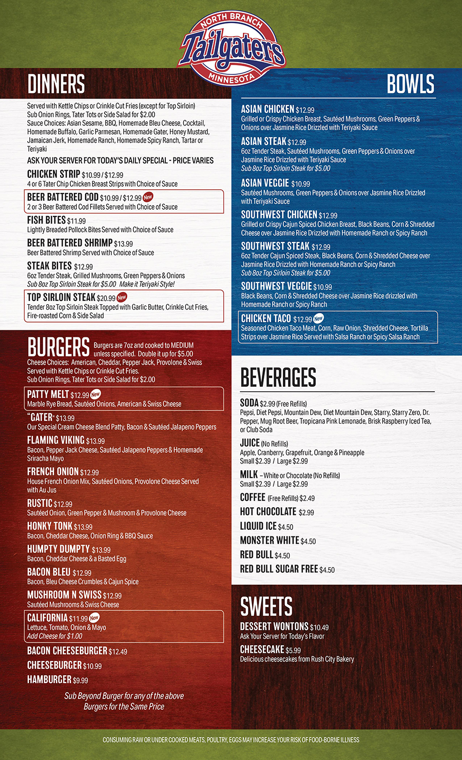 Menu Tailgaters Sports Bar & Grill