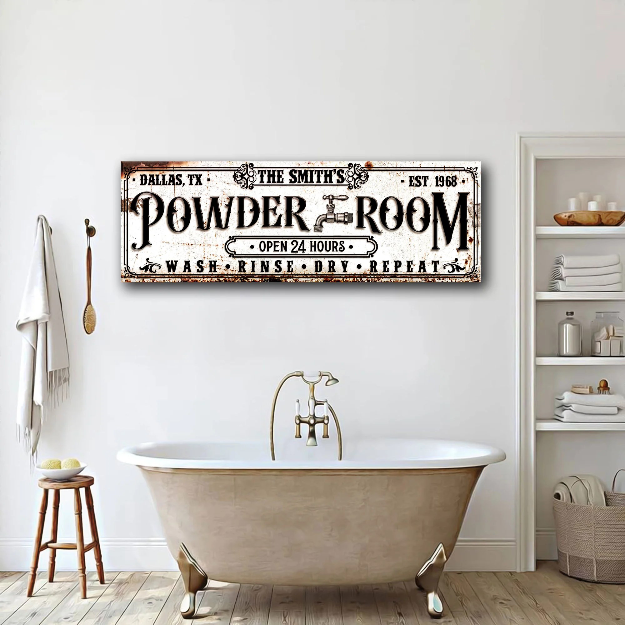 Custom powder room sign, personalized white rustic vintage powder room sign Bathroom wall