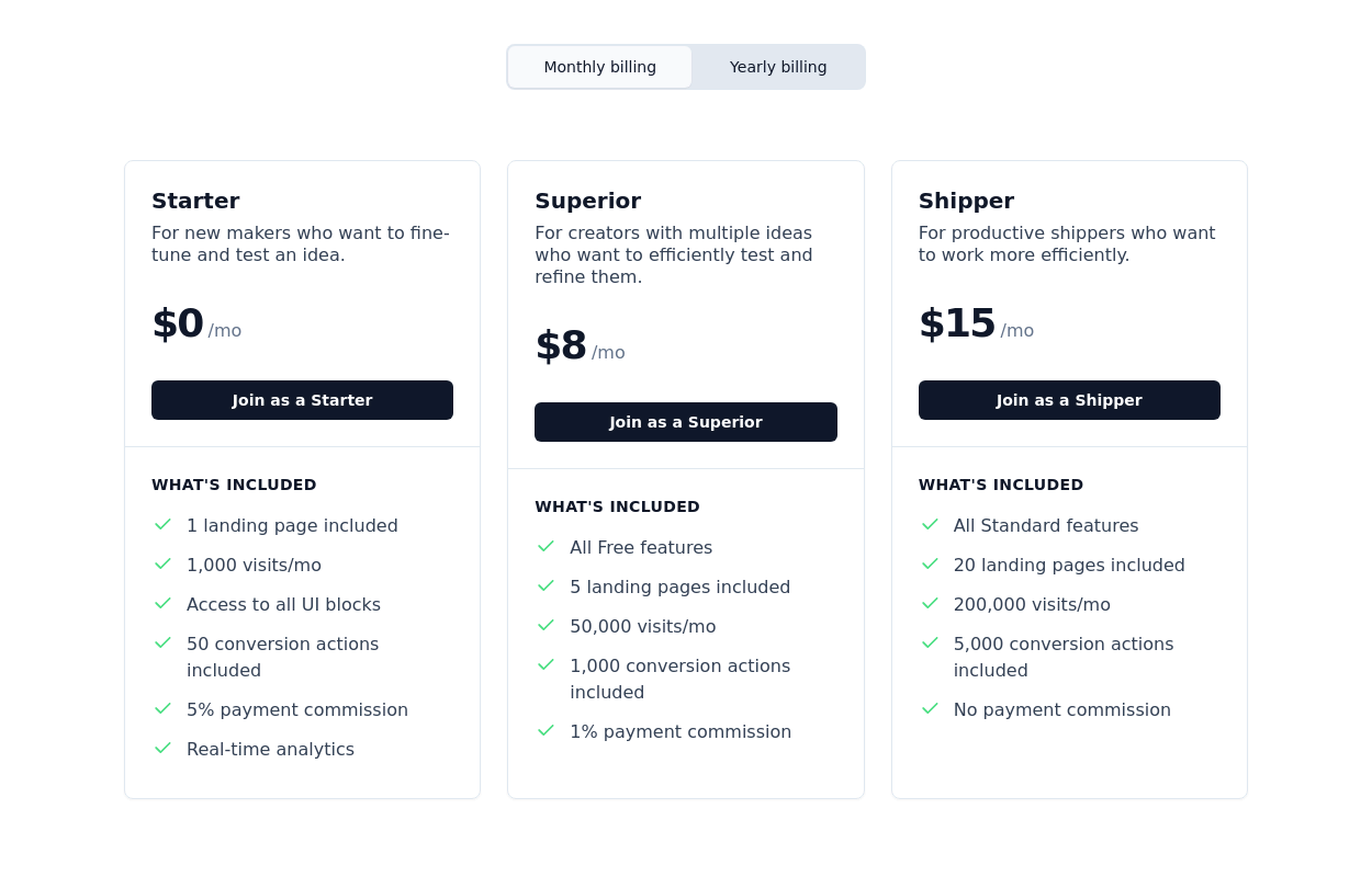 38+ Free Pricing (cards,tables and pages) examples in Tailwind CSS