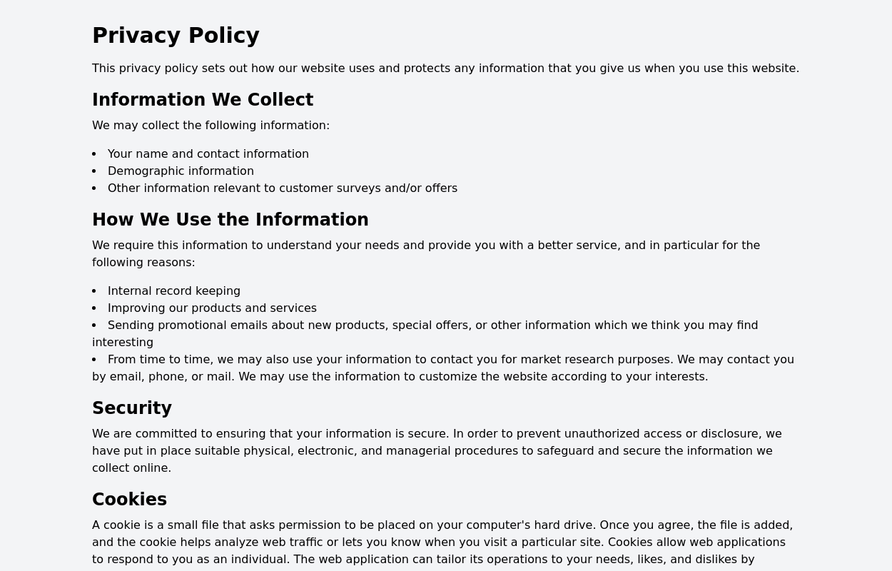 Privacy policy page template Tailwind CSS Example