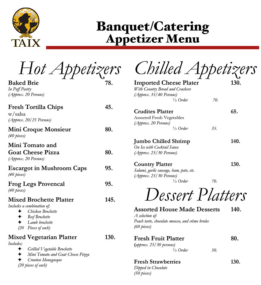 Banquet Appetizers Taix French Restaurant Los Angeles, Echo Park