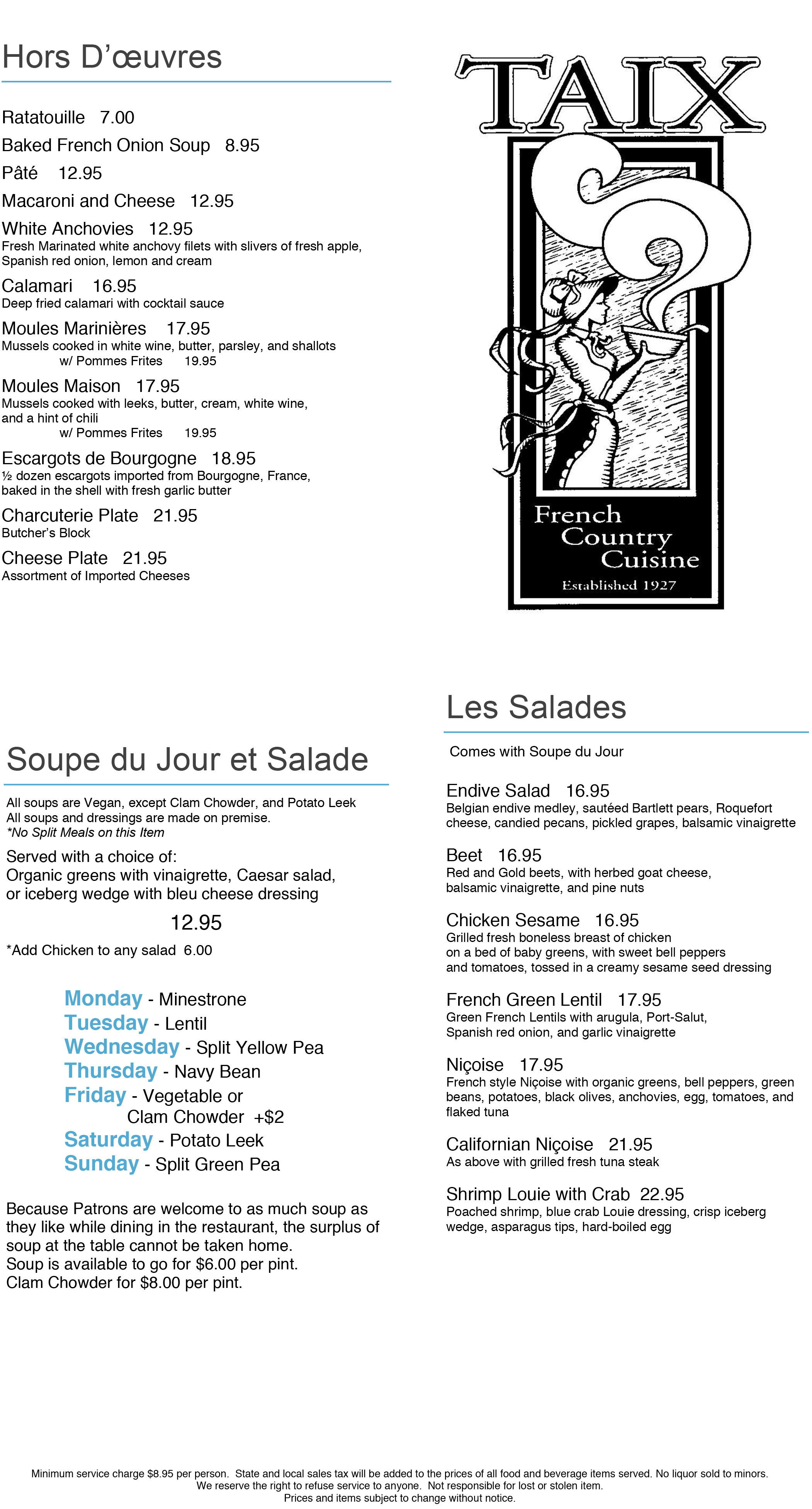 Lunch Menu Taix French Restaurant Los Angeles, Echo Park, Silverlake