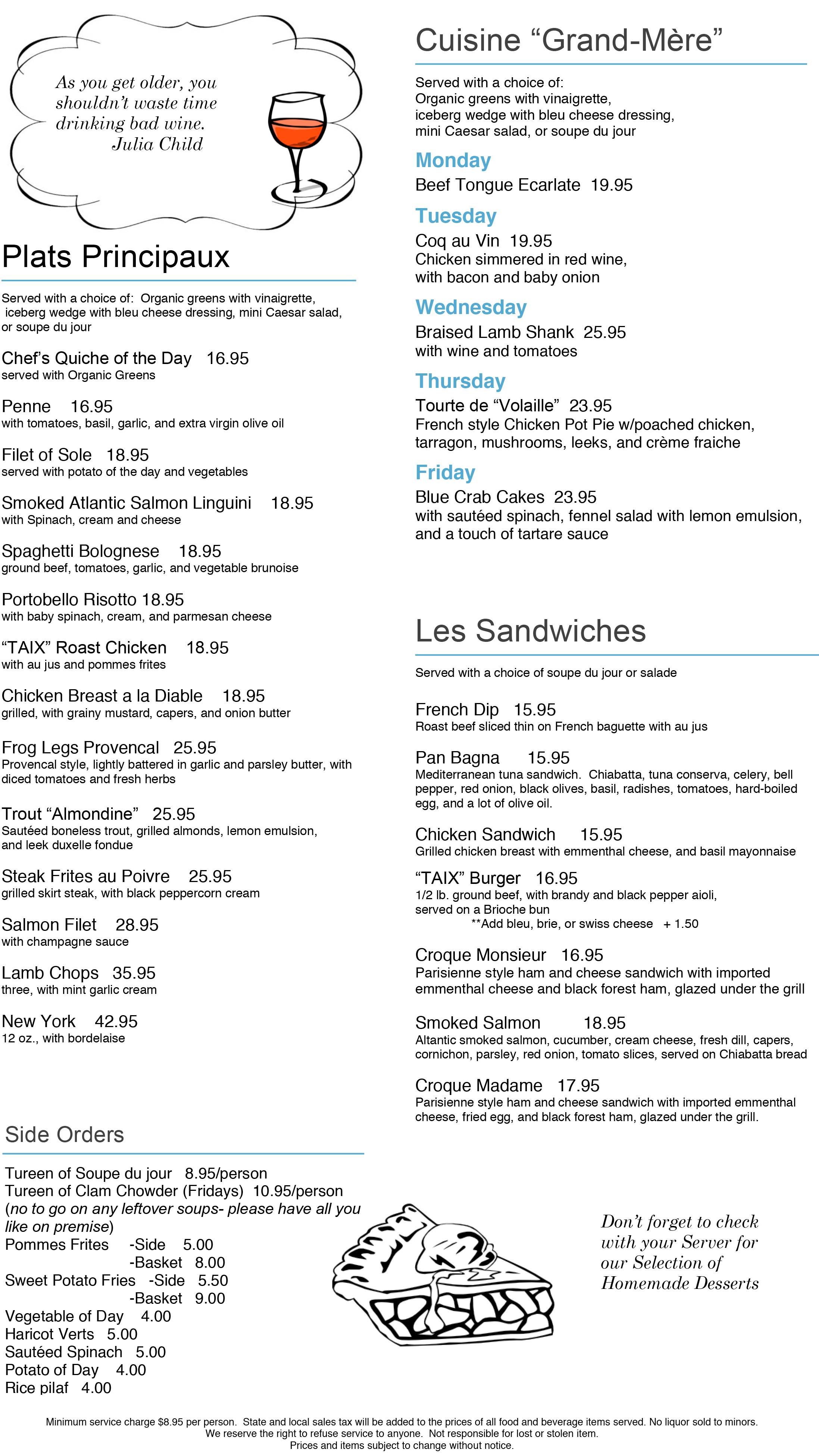 Lunch Menu Taix French Restaurant Los Angeles, Echo Park, Silverlake