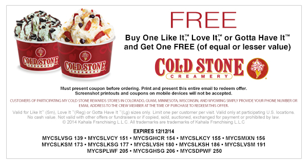Cold Stone Creamery Coupons online and printable discount April 2020