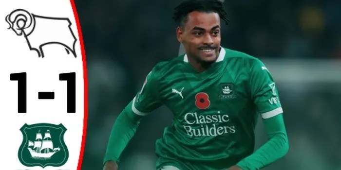 Derby vs Plymouth, Pertandingan Sengit Berakhir Imbang 1-1