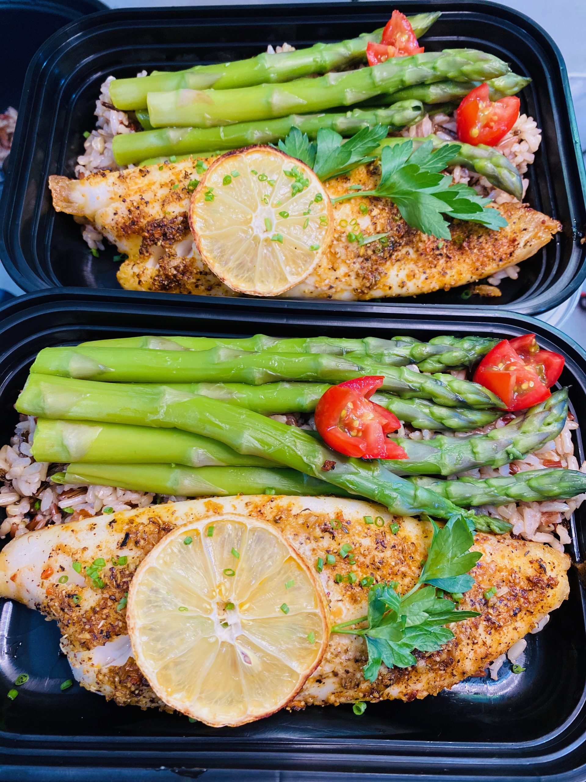 Lemon Pepper Tilapia, Brown & Wild Rice, Asparagus Thyme 2 Eat