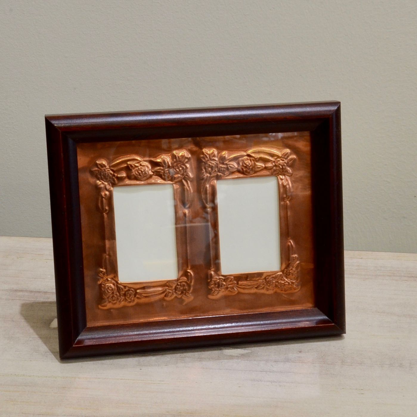 Cherry Wood Double Photo Frame with Handtooled Copper Mat Taking Deeper Roots