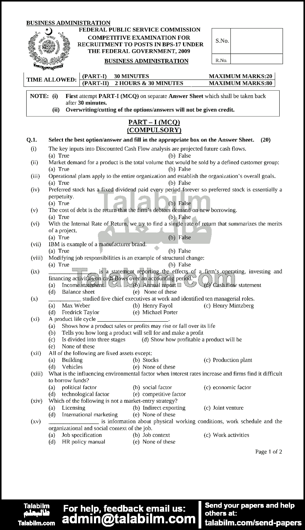 Business Administration 2009 Past Papers CSS TalabIlm
