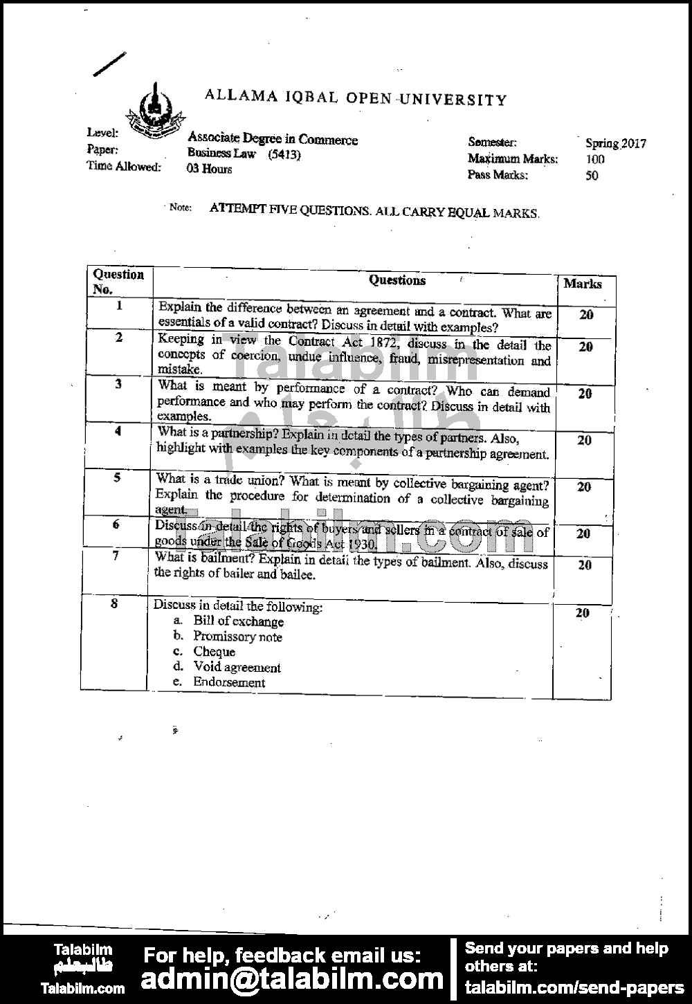 Business Law Code No. 5413 Spring 2017 Past Papers AIOU TalabIlm
