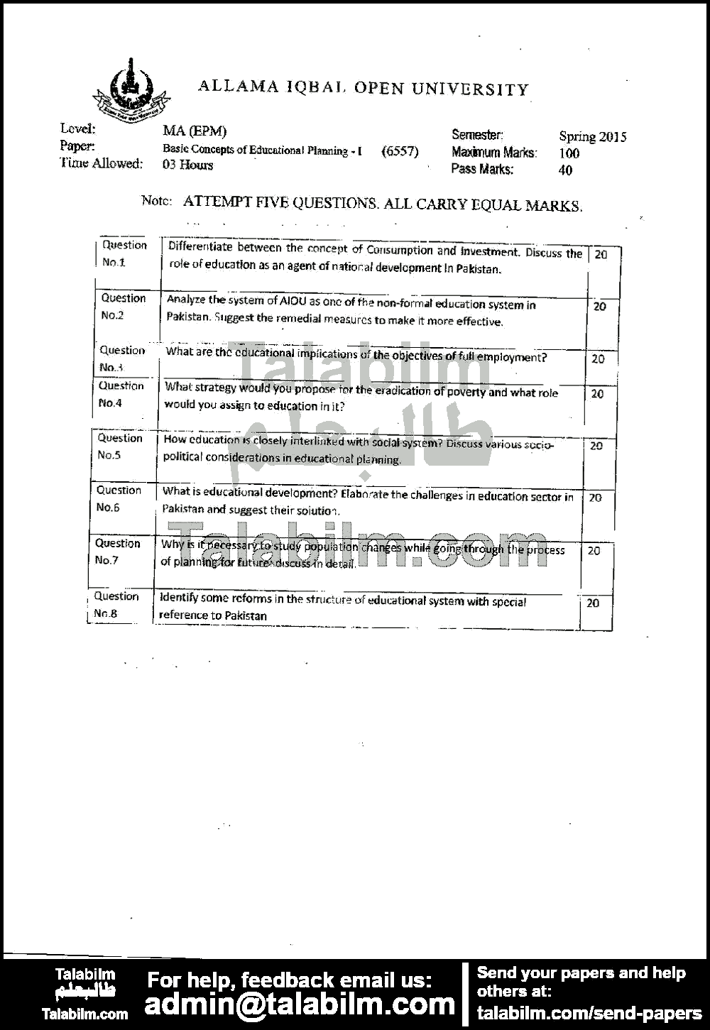 Basic Concepts Of Educational PlanningI Code No. 6557 Spring 2015 Past Papers