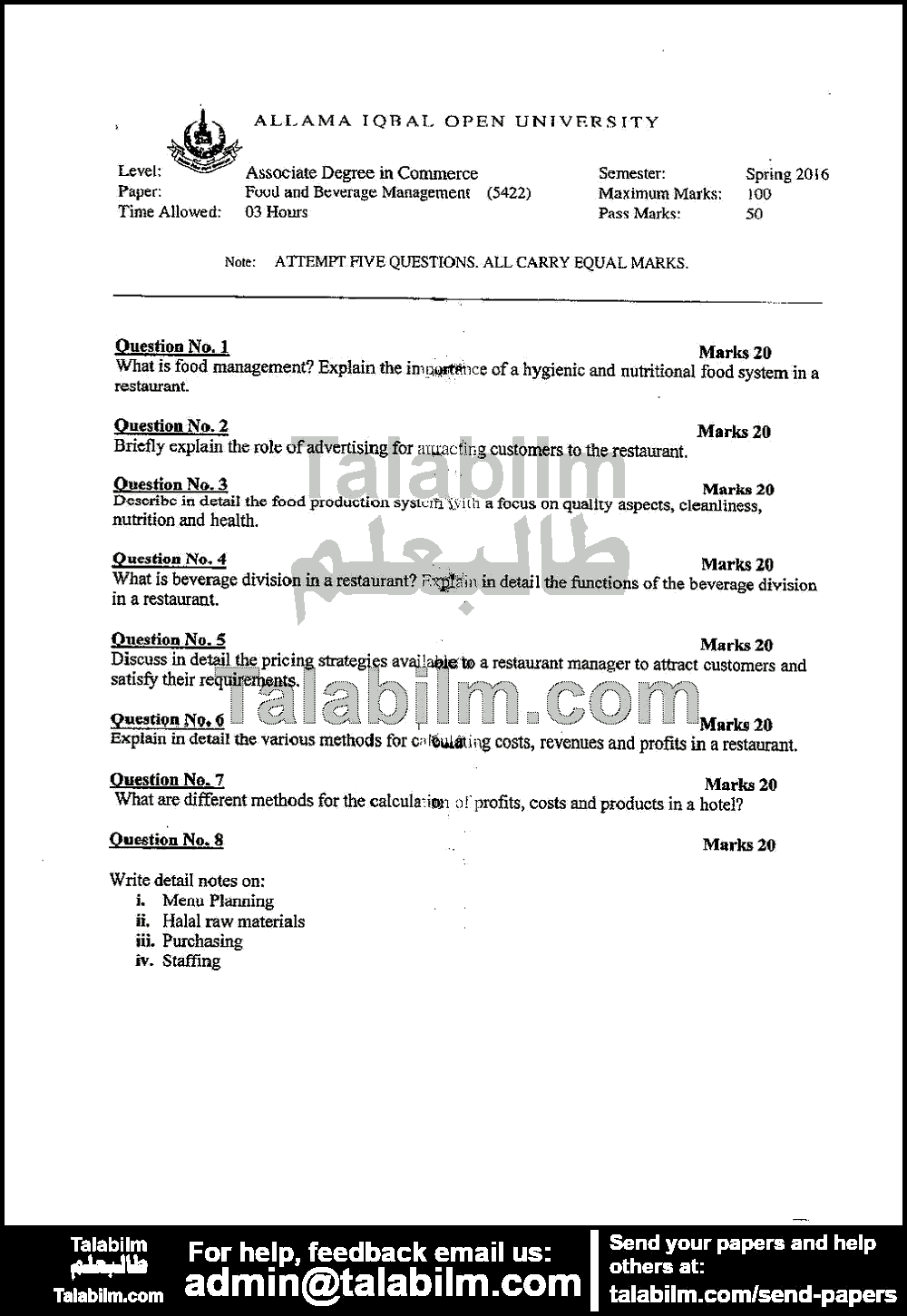 Food and Beverage Management Code No. 5422 Spring 2016 Past Papers