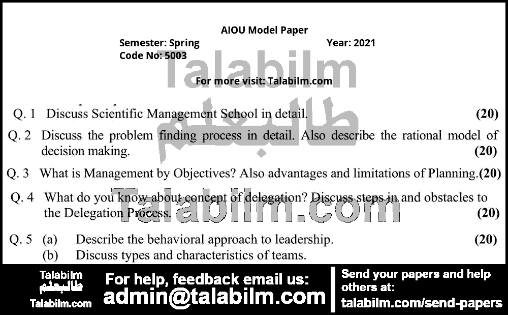 Management Theory & Practice Code No. 5003 Spring Model Papers 2021