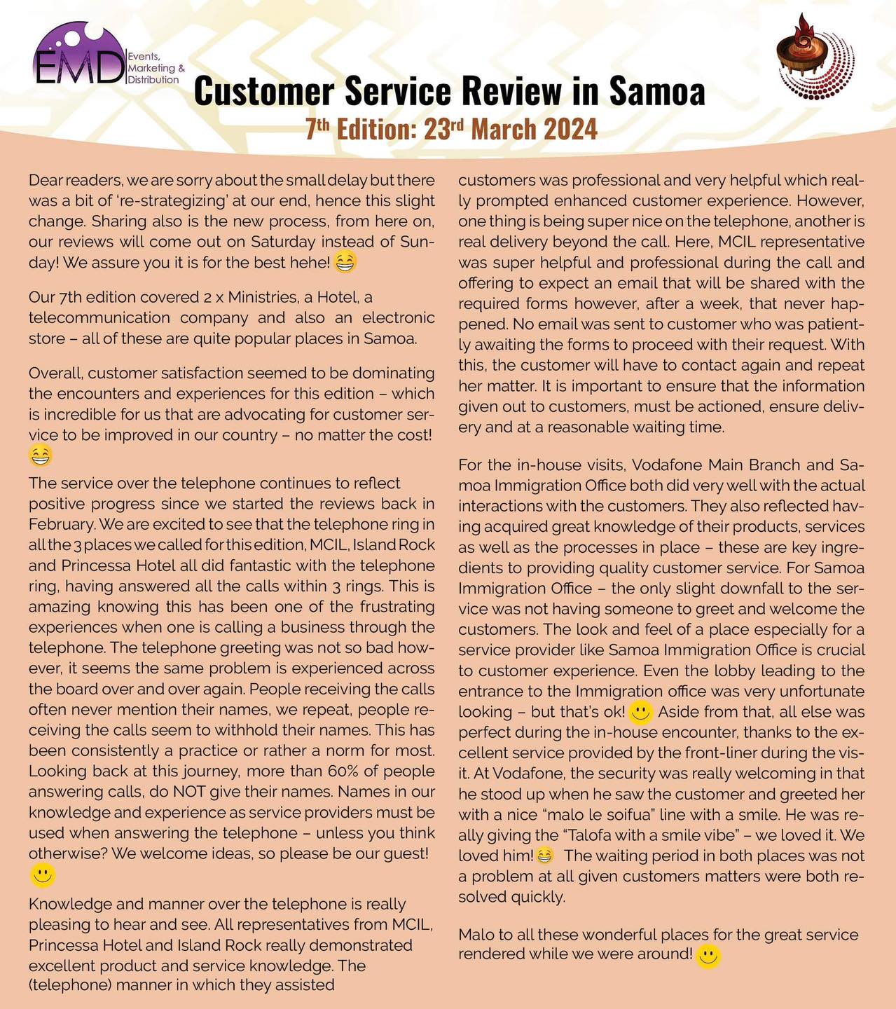 EMD Customer Service Review in Samoa 7th Edition Talamua Online