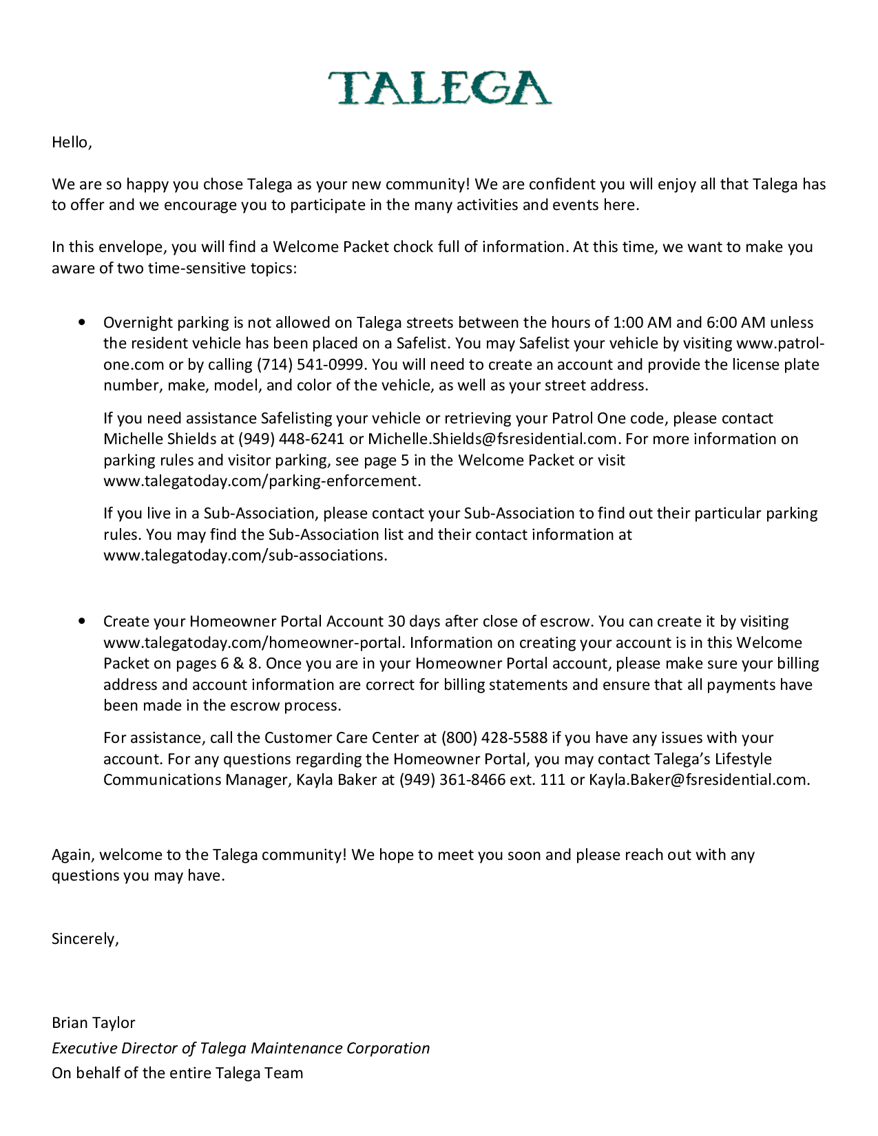 Letter to New Residents Talega Today