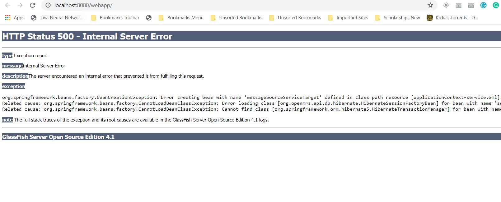 Error while running openmrscore from netbeans IDE using GlassFish