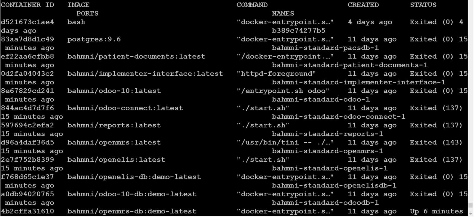How to restart Bahmni Docker containers, status showing exited Bahmni