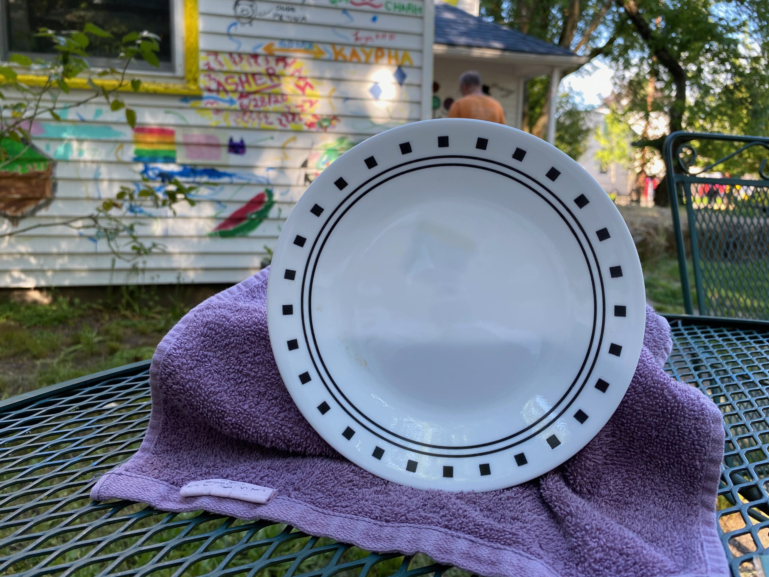 Corelle dish with black square dot pattern Leadfree, Cadmiumfree