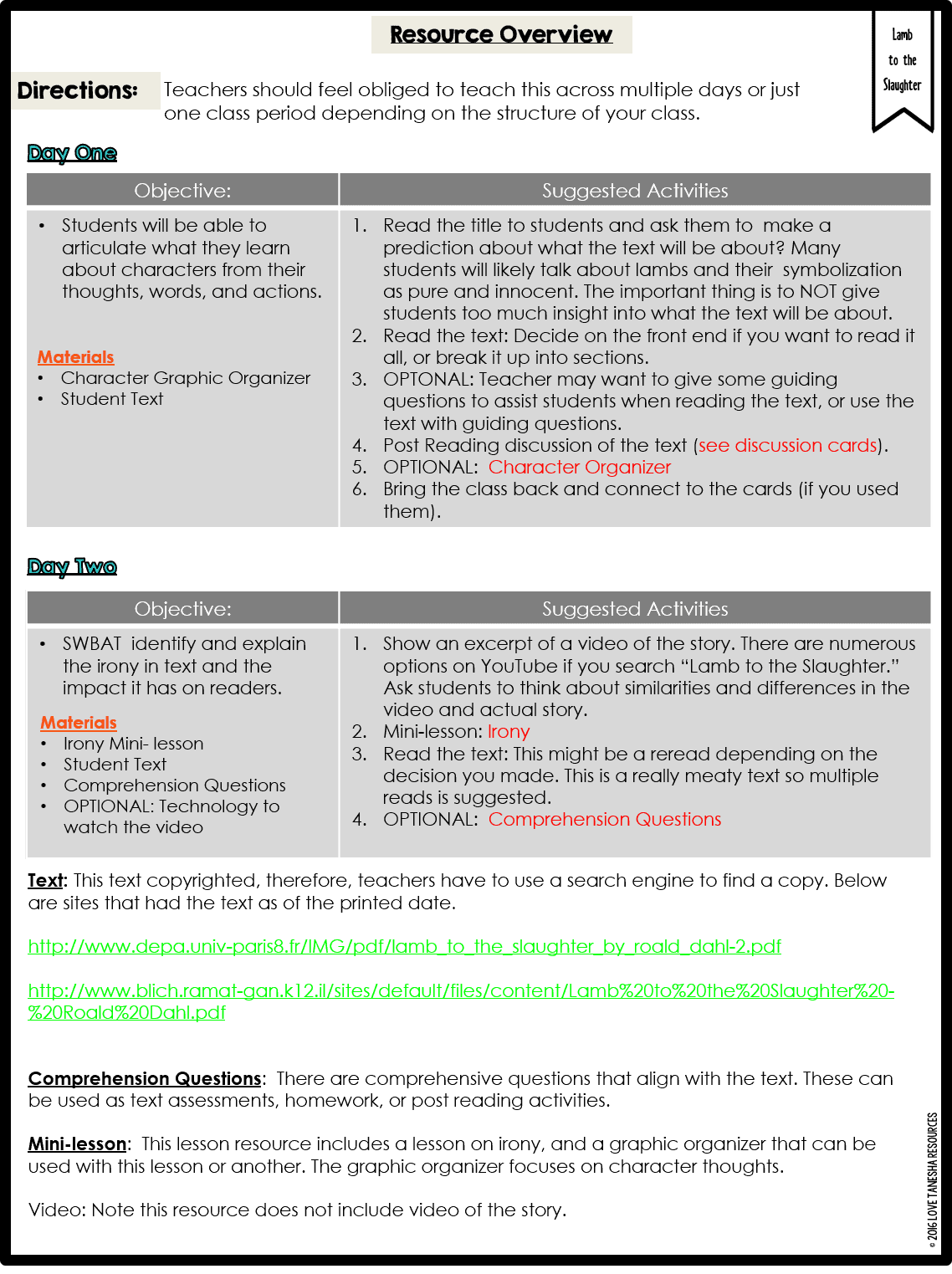 Short Story Lesson Plan “Lamb to the Slaughter” Tanesha B Forman