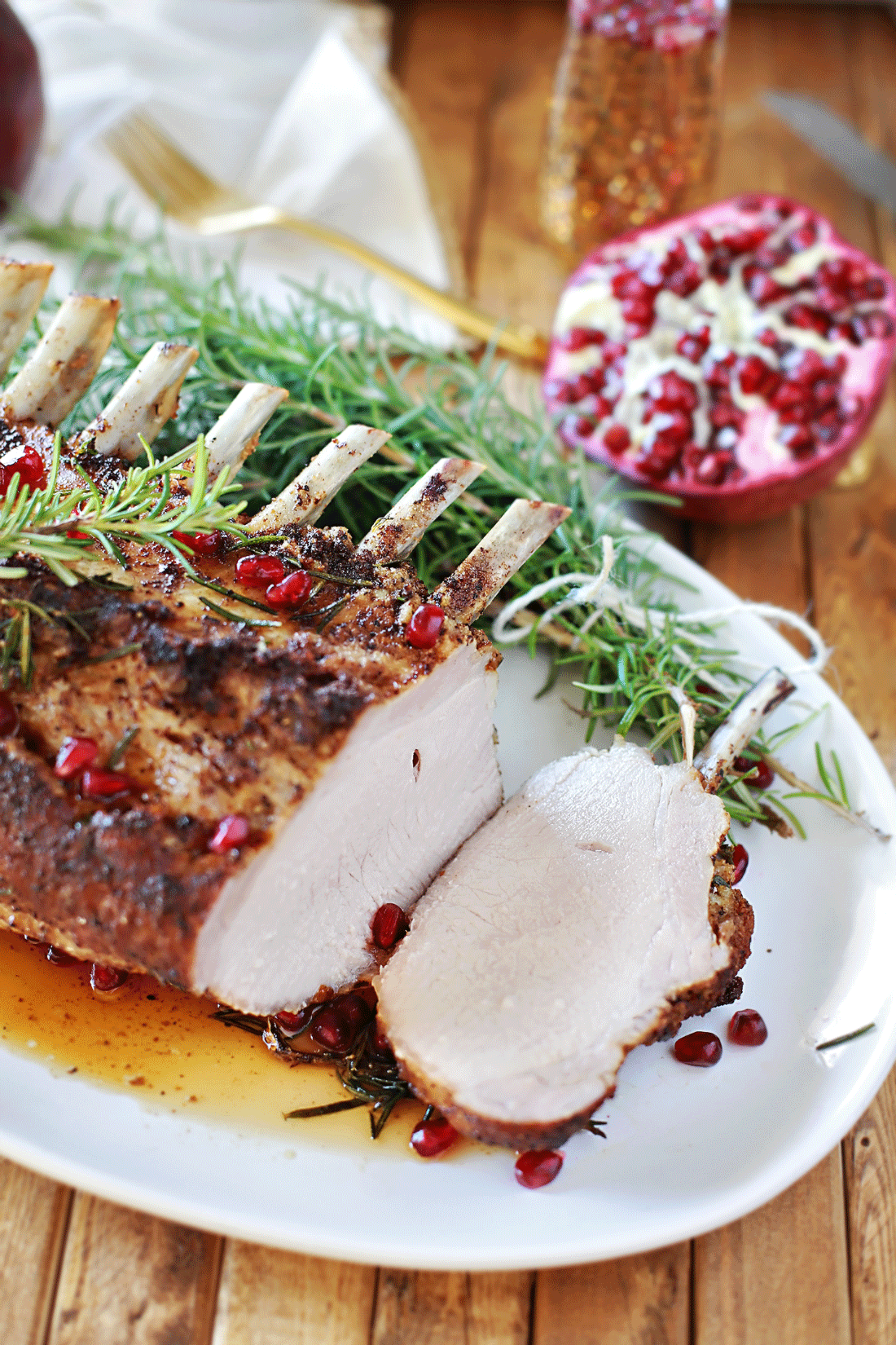 Rosemary Roasted Rack of Pork with Pomegranate Au Jus Tangled with Taste