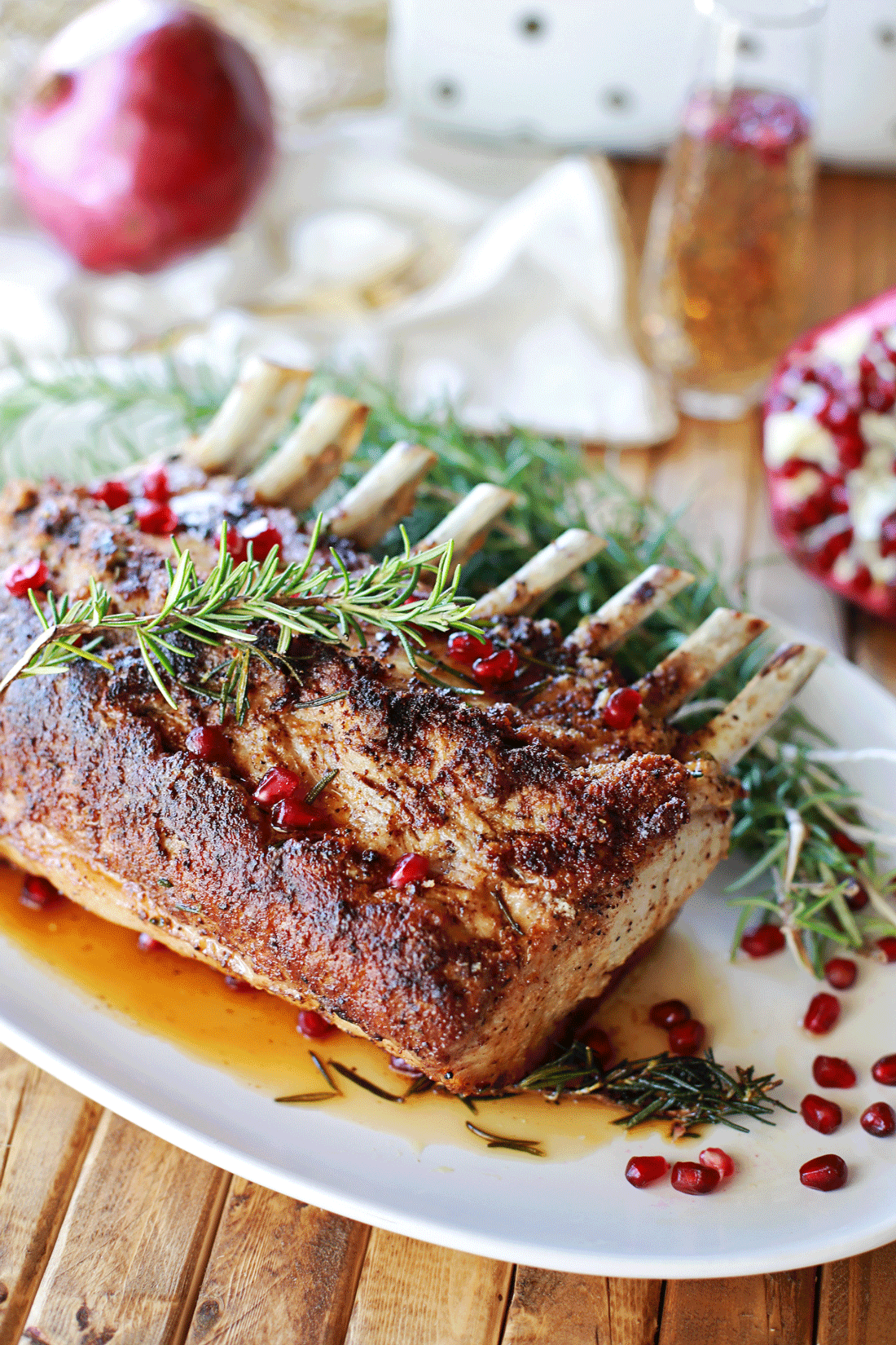 Rosemary Roasted Rack of Pork with Pomegranate Au Jus Tangled with Taste