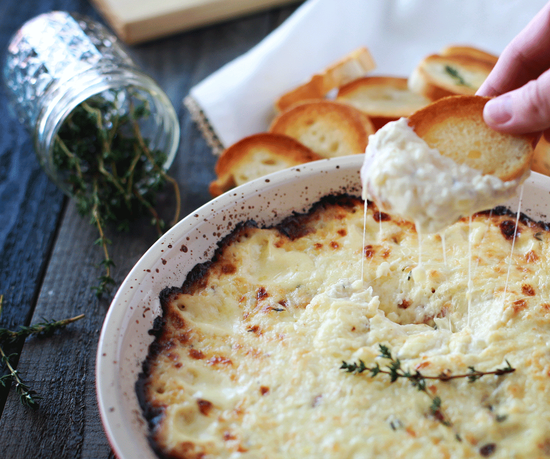 Melted Onions, Thyme, and Bacon Gruyere Cheese Dip Tangled with Taste