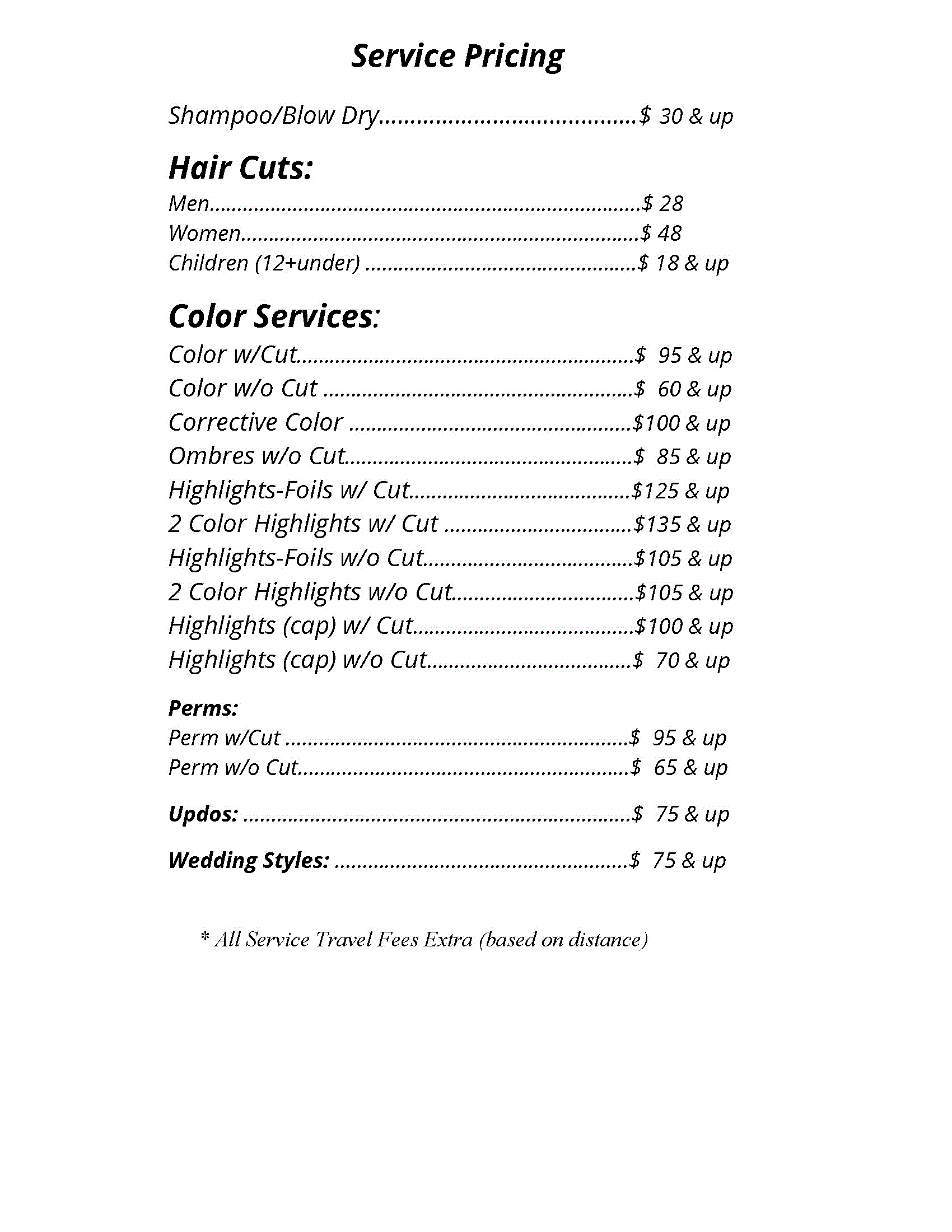 Service Pricing Tangles Hair Tech