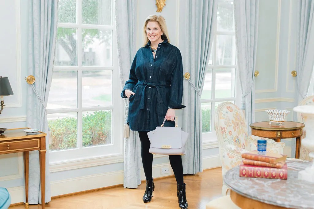 denim shirt dress with tights Denim and Black Leggings