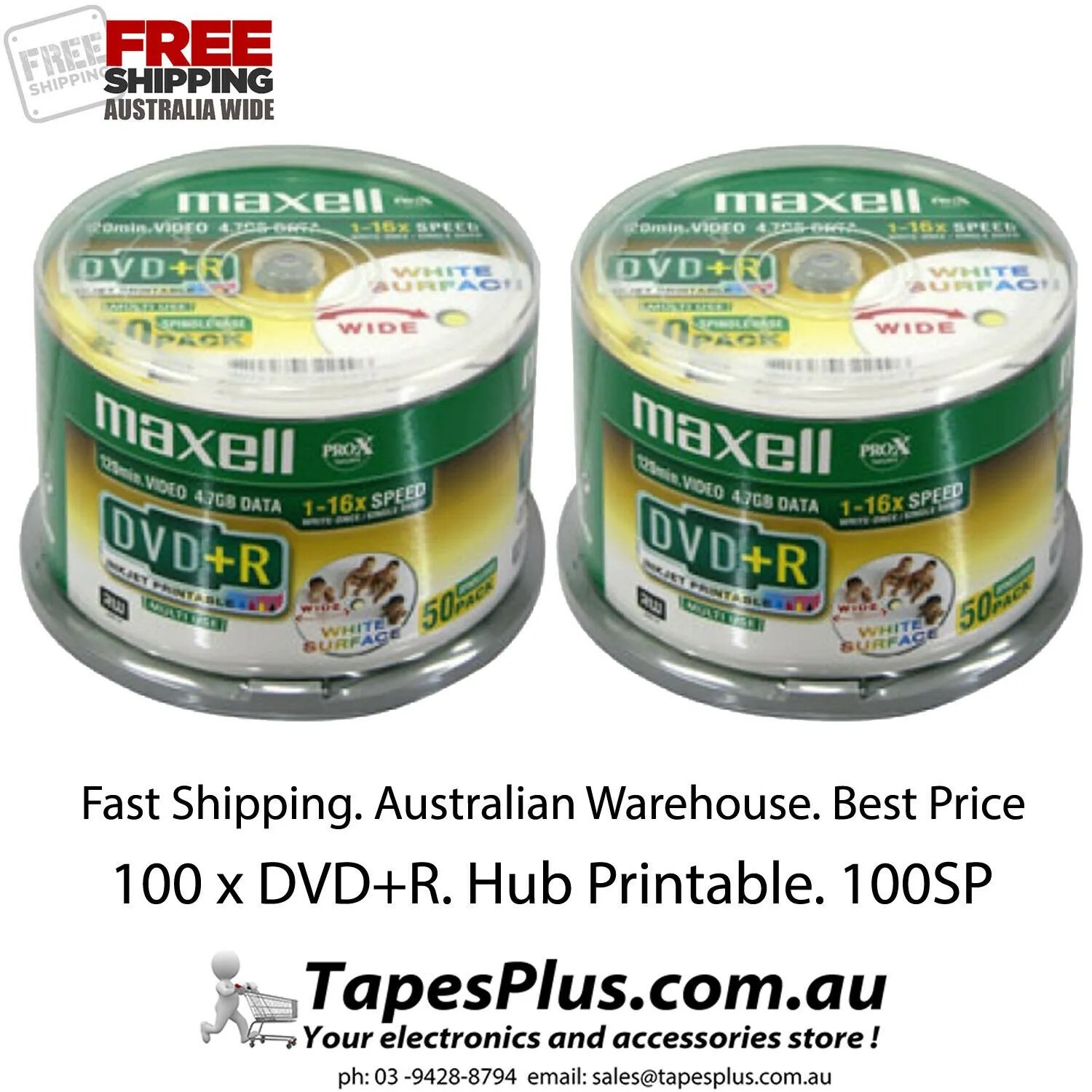 100 x Blank DVD+R media 16X 4.7GB Full Hub Printable