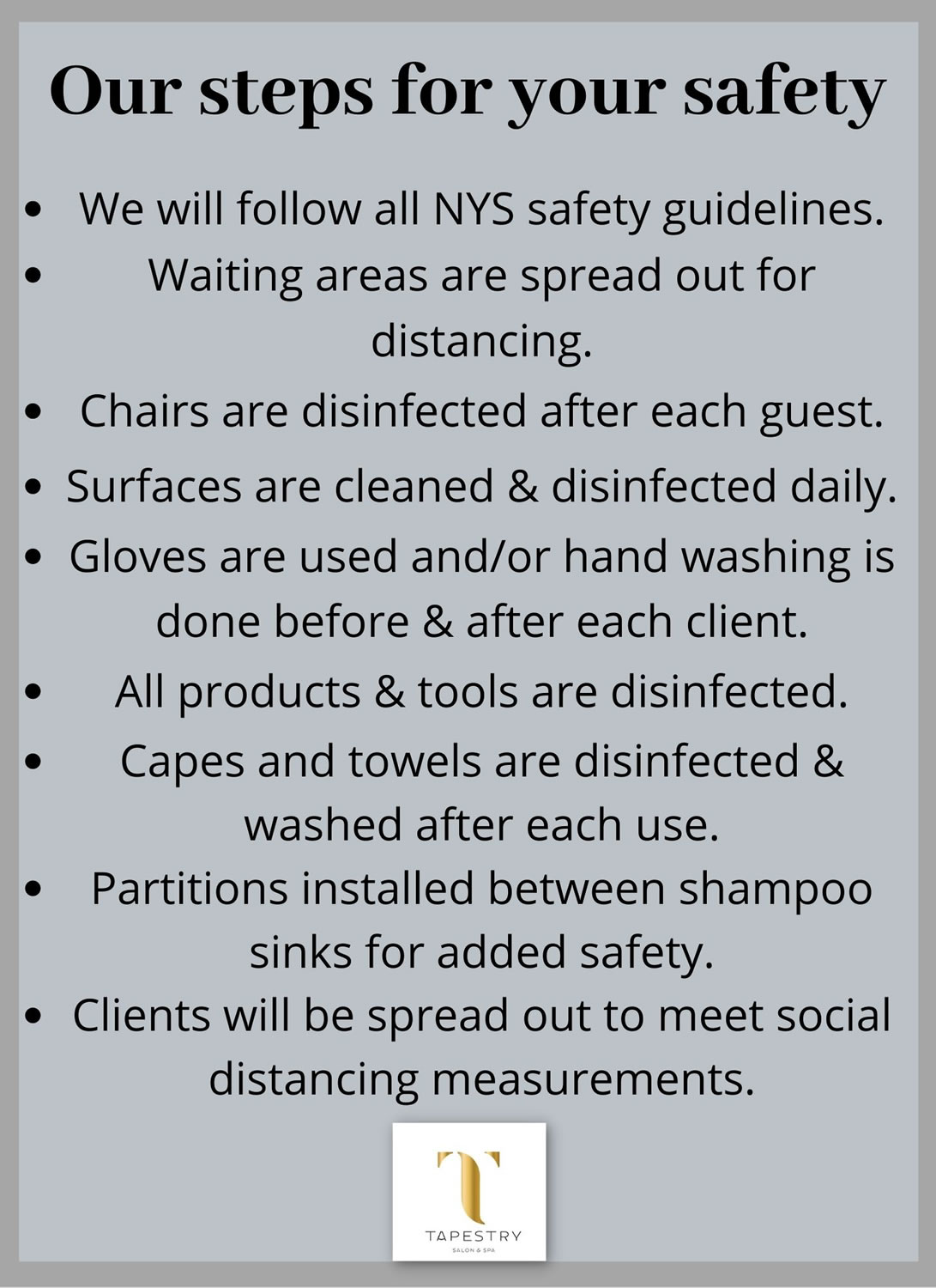 Safety Measures Tapestry Salon & Spa