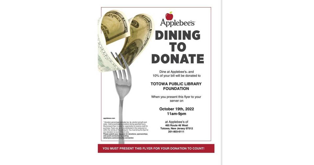 Totowa Public Library Foundation Hosts 'Dining To Donate' Today at