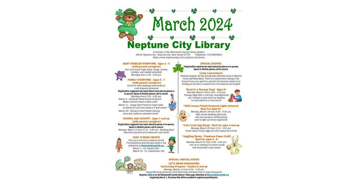 Neptune City Library announces March events Neptune/Neptune City, NJ