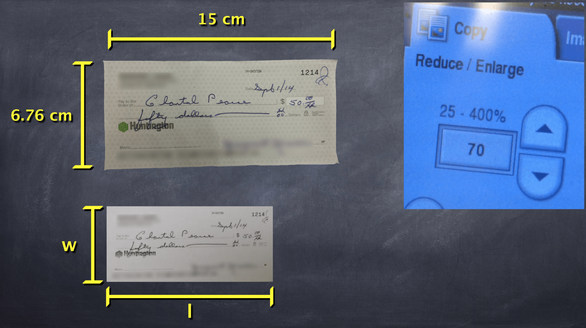Big Cheques Task 5, Act 2 Dimensions of Original Cheque and Reduced