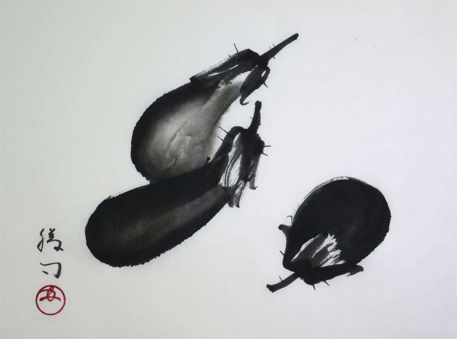 水墨画（彩墨画）「茄子」福田勝司筆 | 水墨画・達風 色彩のある墨絵｜教室