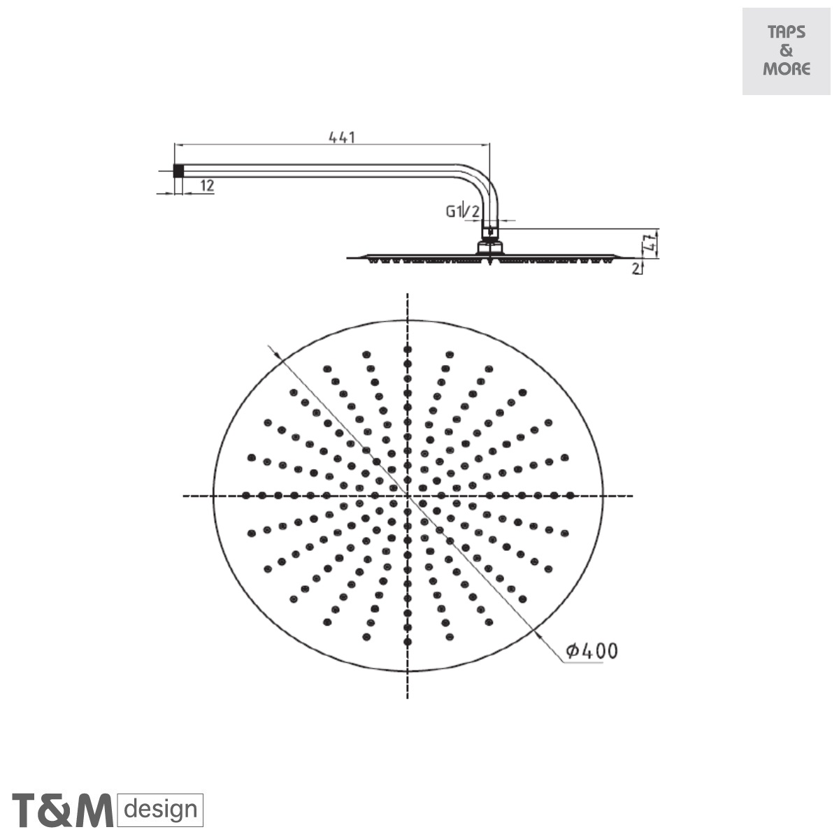 Rain Shower Head wall mounted consisting of round shower head 400 Ø mm with swivel joint with