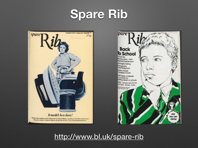 2 covers of Spare Rib magazine. Left one shows a woman standing behind giant photos of an iron, teapot and spool of thread. Right: illustration of a short haired woman with her hand resting on her chin