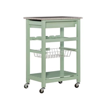 Roger Green Wood Movable Kitchen Cart Granite Top Storage Wine Rack