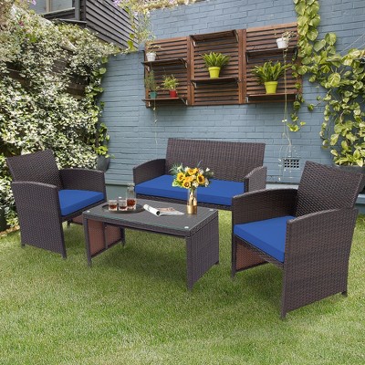 Costway 4pcs Patio Rattan Furniture Set Cushioned Chair Sofa Coffee