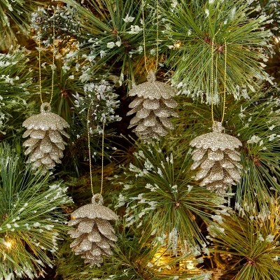 8ct Glittered Pinecone Christmas Tree Ornament Set Gold