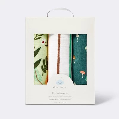 Muslin Swaddle Blanket Fauna Pink/green/tan 3pk Cloud Island