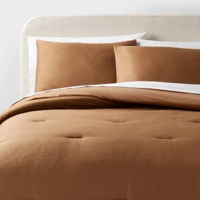 Full/queen Washed Cotton Sateen Comforter And Sham Set Light Brown