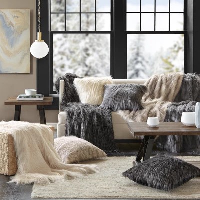 50"x60" Adelaide Faux Fur Throw Blanket Black Madison Park Target