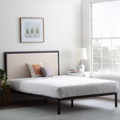 Queen Mara Metal Platform Bed Frame With Upholstered Headboard Ivory
