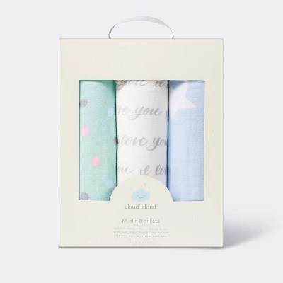 Muslin Swaddle Blanket I Love You To The Moon And Back 3pk Cloud