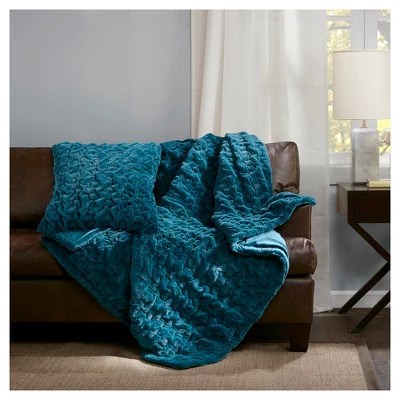 50"x60" Ruched Faux Fur Throw Blanket Teal Madison Park Target
