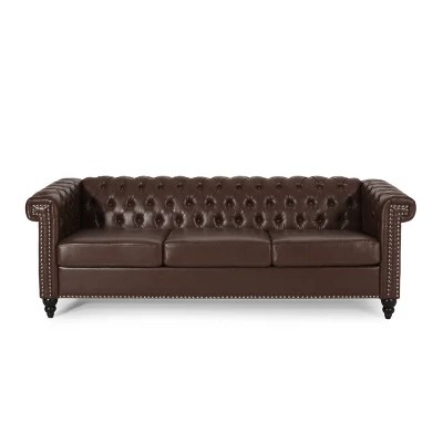 Parkhurst Tufted Chesterfield Faux Leather 3 Seater Sofa Dark Brown Christopher Knight Home