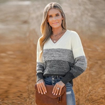 Women's Striped V Neck Drop Sleeve Sweater Cupshesblack Target