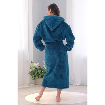 Adr Women's Plush Fleece Hooded Robe, Shaggy Feather Long Bathrobe