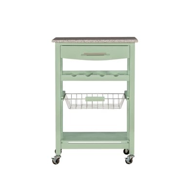 Roger Green Wood Movable Kitchen Cart Granite Top Storage Wine Rack