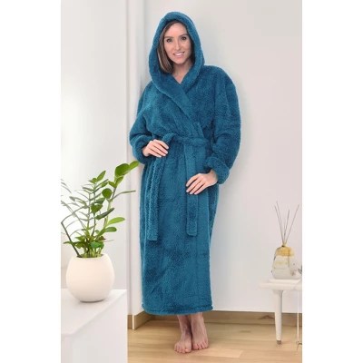 Adr Women's Plush Fleece Hooded Robe, Shaggy Feather Long Bathrobe