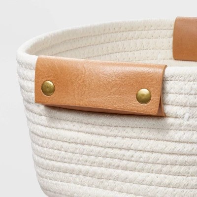 11" Decorative Coiled Rope Square Base Tapered Basket With Leather